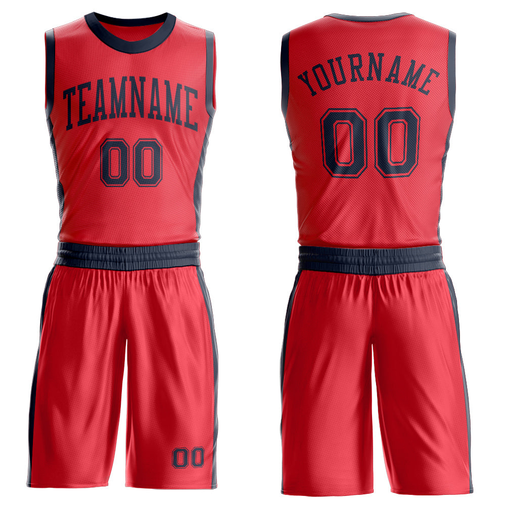 Custom Fire Red Navy Round Neck Suit Basketball Jersey