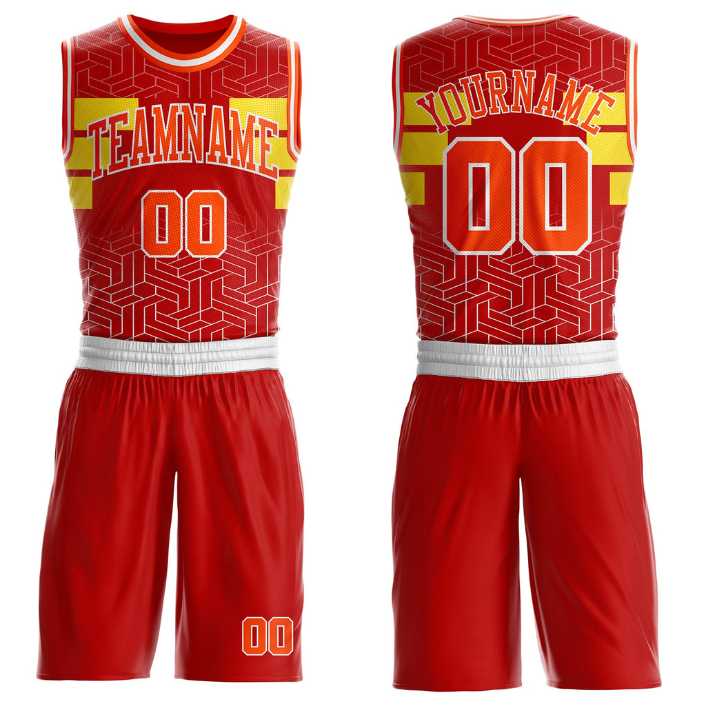 Custom Red Orange Yellow-White Geometric Maze Stripe Round Neck Sublimation Basketball Suit Jersey