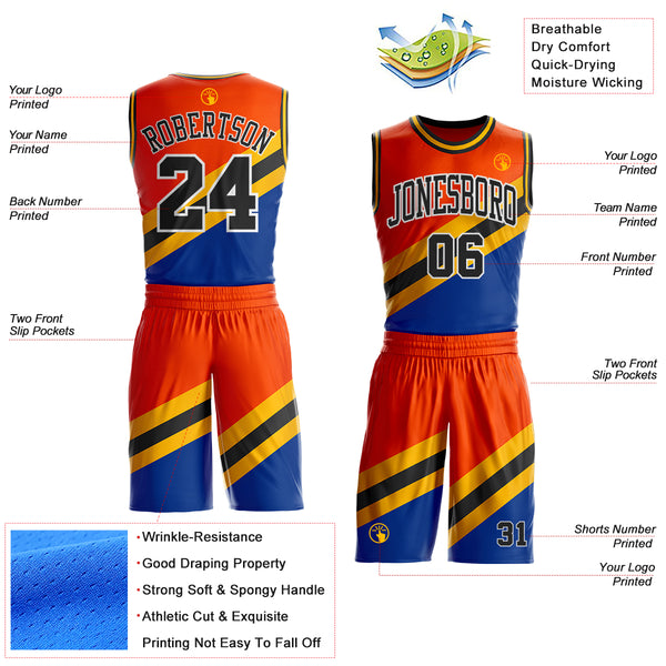Custom Orange Black Gold Royal-White Geometric Stripe Round Neck Sublimation Basketball Suit Jersey