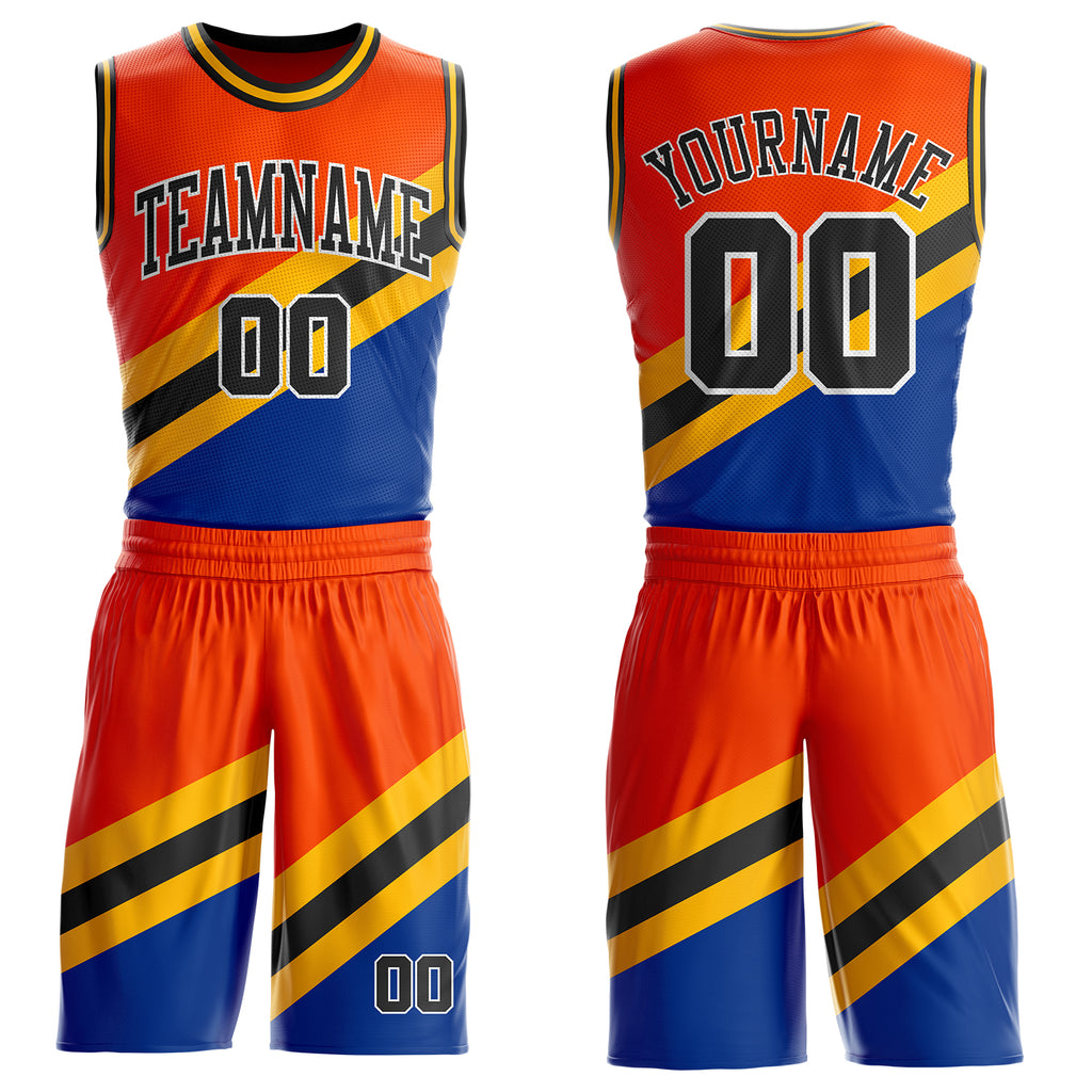 Custom Orange Black Gold Royal-White Geometric Stripe Round Neck Sublimation Basketball Suit Jersey