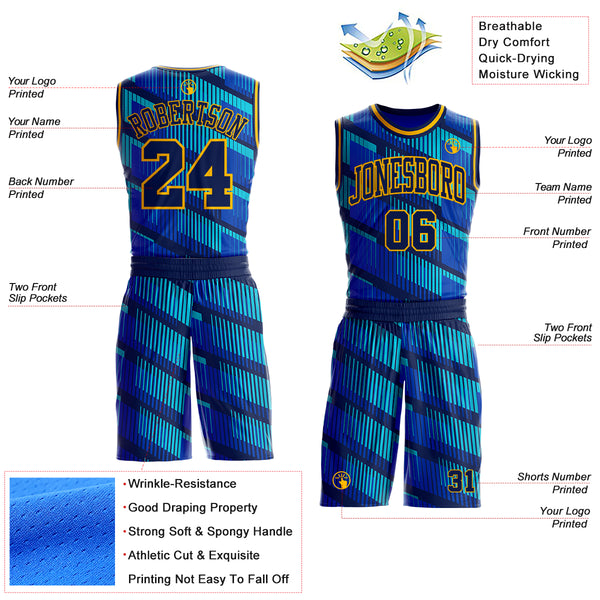 Custom Thunder Blue Navy Lakes Blue-Gold Geometric Stripe Round Neck Sublimation Basketball Suit Jersey