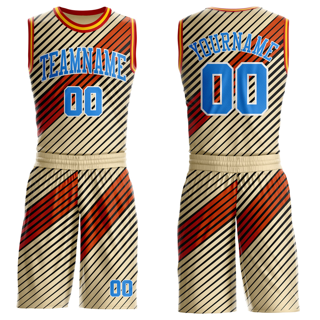 Custom Cream Powder Blue Black White Red-Gold Geometric Stripe Round Neck Sublimation Basketball Suit Jersey