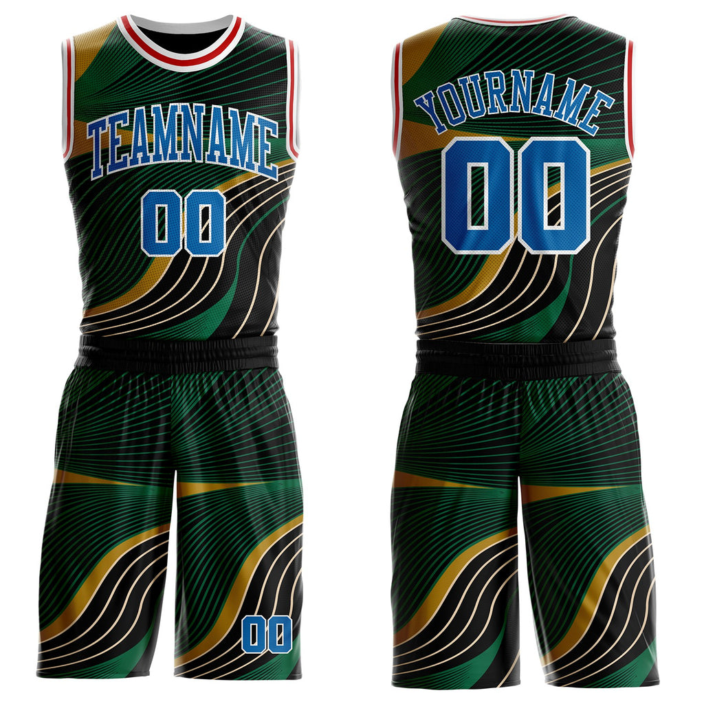 Custom Black Blue Green Old Gold White-Red Wave Stripe Round Neck Sublimation Basketball Suit Jersey