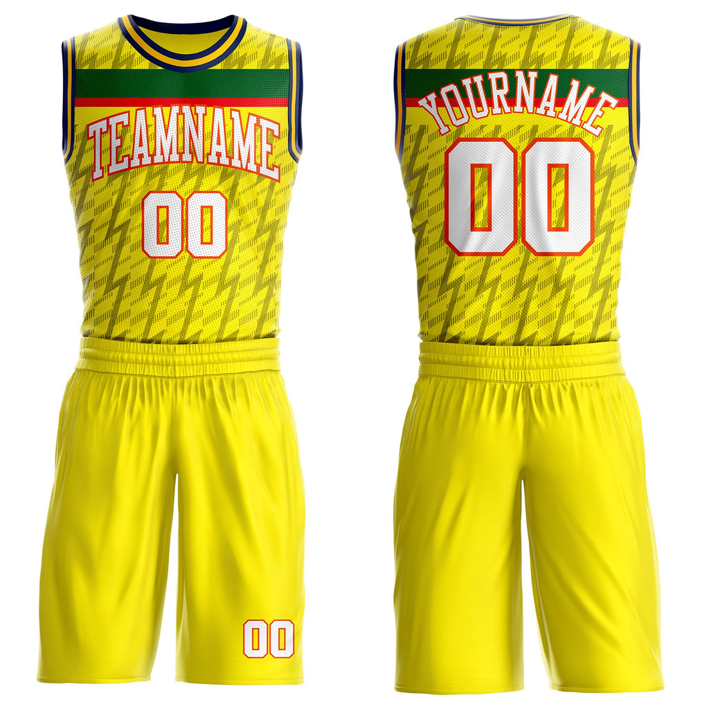 Custom Yellow White Green Gray Orange-Navy Lightning Stripe Round Neck Sublimation Basketball Suit Jersey
