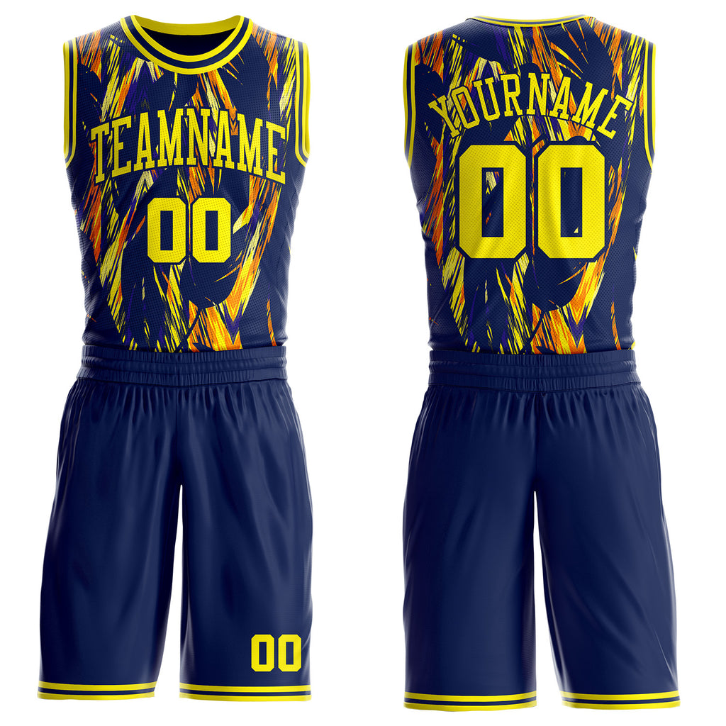 Custom Navy-Light Yellow Wing Brush Stroke Boho Style Round Neck Sublimation Basketball Uniform Jersey