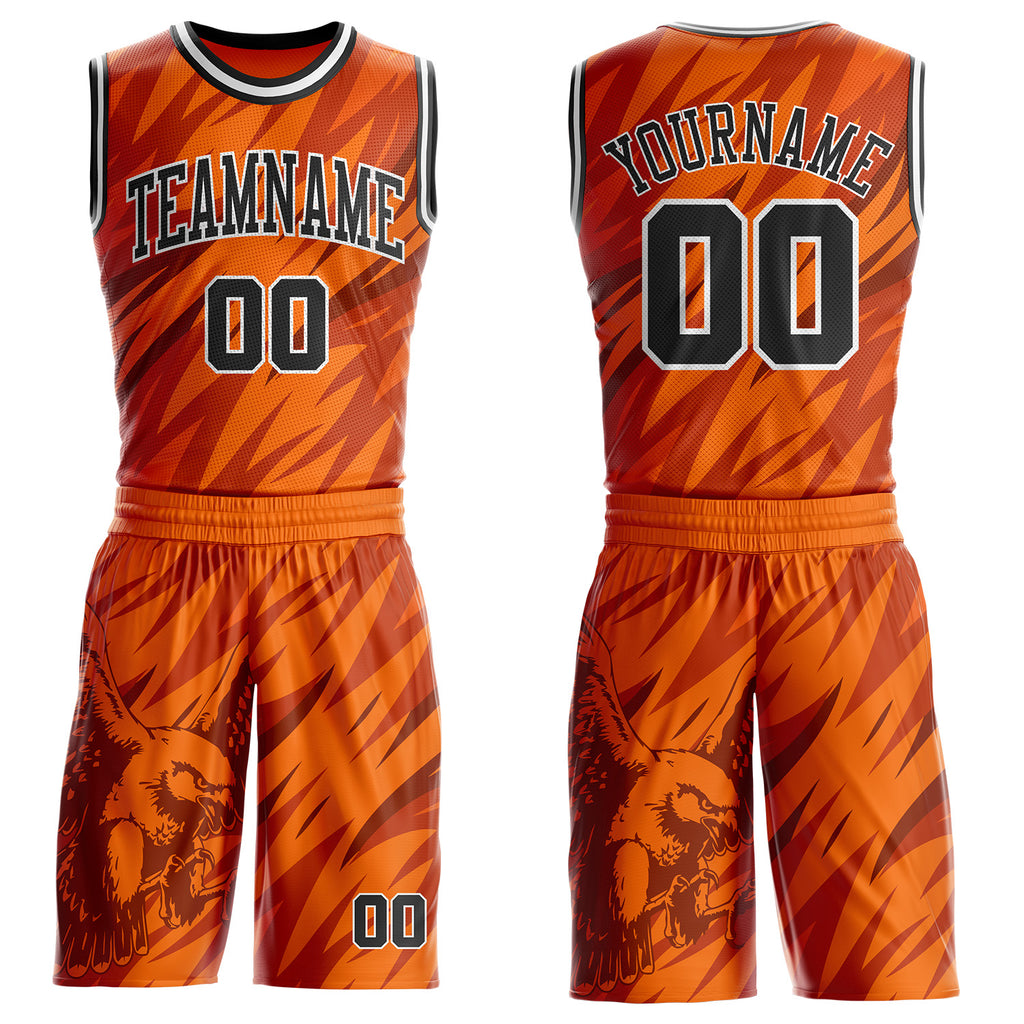Custom Orange Black-White Eagle Wing Boho Style Round Neck Sublimation Basketball Uniform Jersey