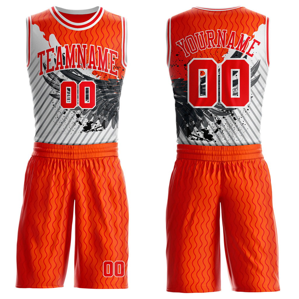 Custom Orange Fire Red Gray-White Wing Splash Ink Wave Boho Style Round Neck Sublimation Basketball Uniform Jersey