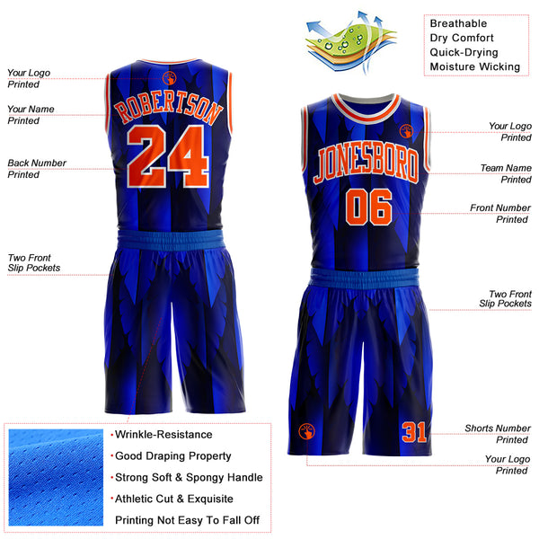 Custom Blue Orange-White Feather Boho Style Round Neck Sublimation Basketball Uniform Jersey