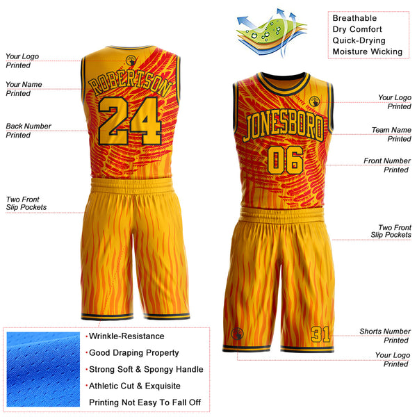 Custom Gold Red-Black Fire Wing Boho Style Round Neck Sublimation Basketball Uniform Jersey