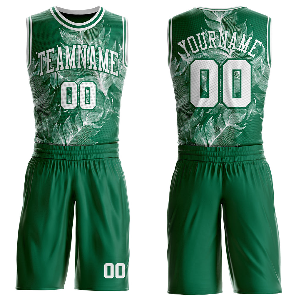 Custom Kelly Green-White Feather Wing Boho Style Round Neck Sublimation Basketball Uniform Jersey