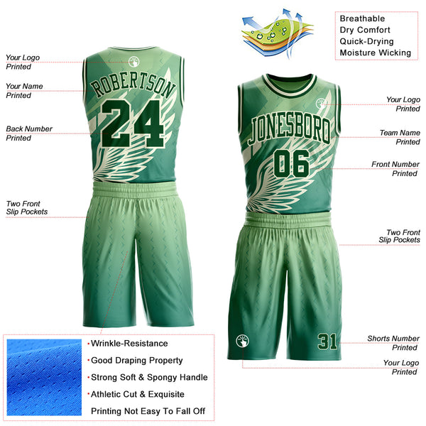 Custom Green Yellow-Cream Feather Wing Boho Style Round Neck Sublimation Basketball Uniform Jersey