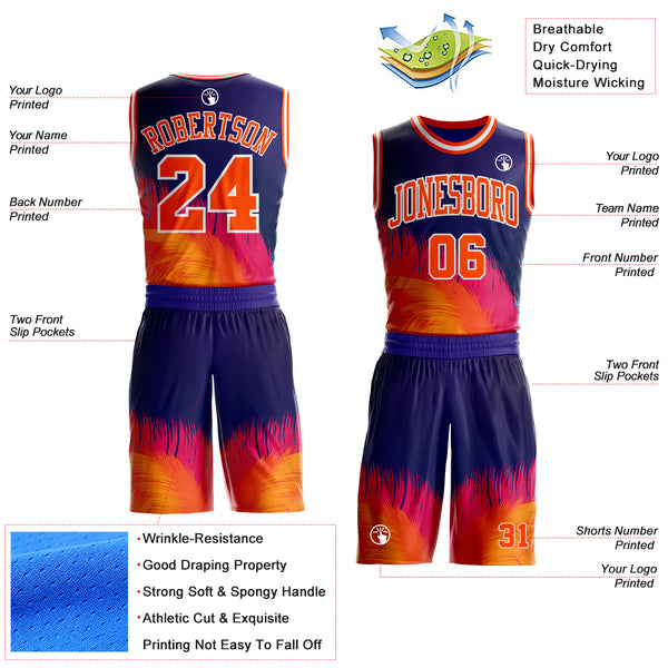 Custom Purple Orange Pink-White Feather Wing Boho Style Round Neck Sublimation Basketball Uniform Jersey