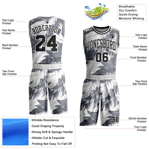 Custom White Black-Gray Feather Wing Boho Style Round Neck Sublimation Basketball Uniform Jersey