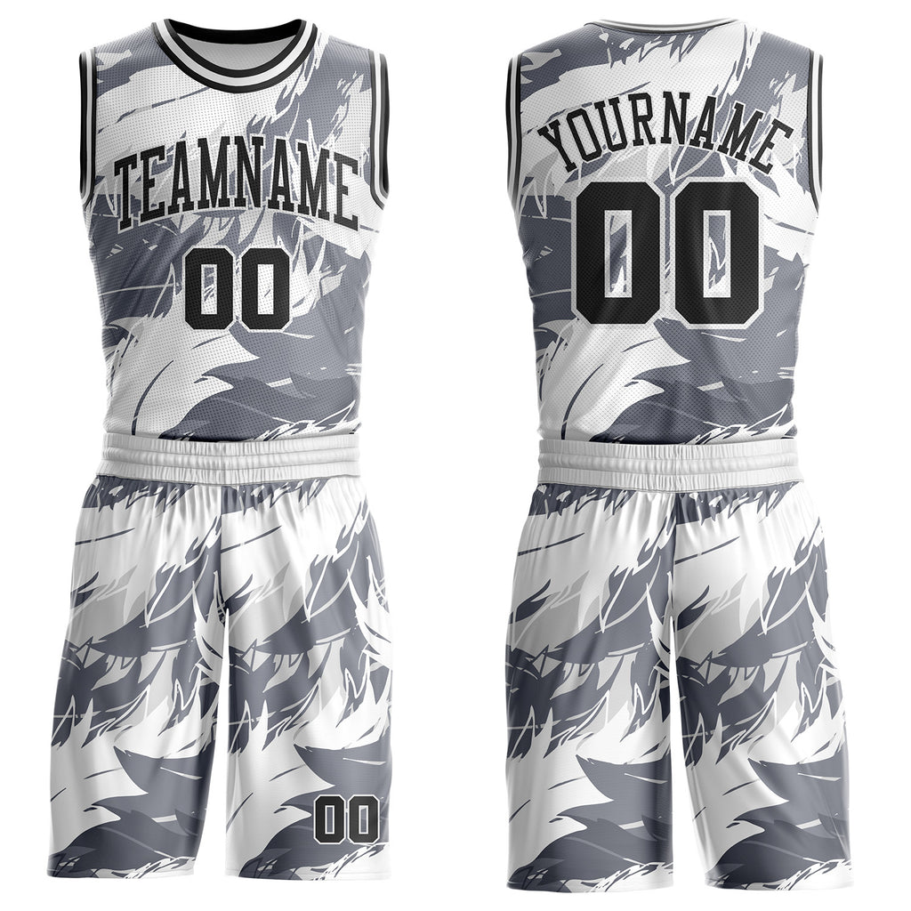 Custom White Black-Gray Feather Wing Boho Style Round Neck Sublimation Basketball Uniform Jersey