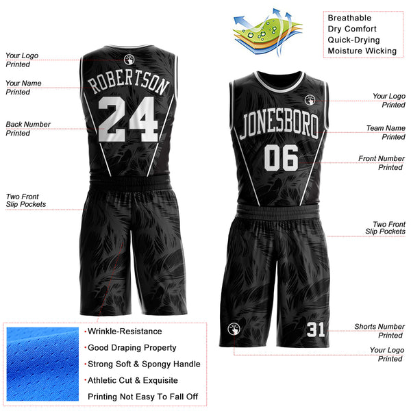 Custom Black-White Feather Wing Boho Style Round Neck Sublimation Basketball Uniform Jersey