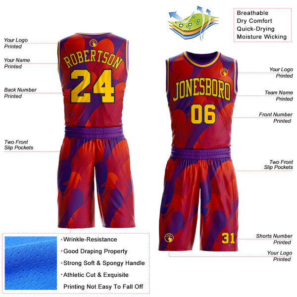 Custom Purple Yellow Red-Black Feather Wing Boho Style Round Neck Sublimation Basketball Uniform Jersey
