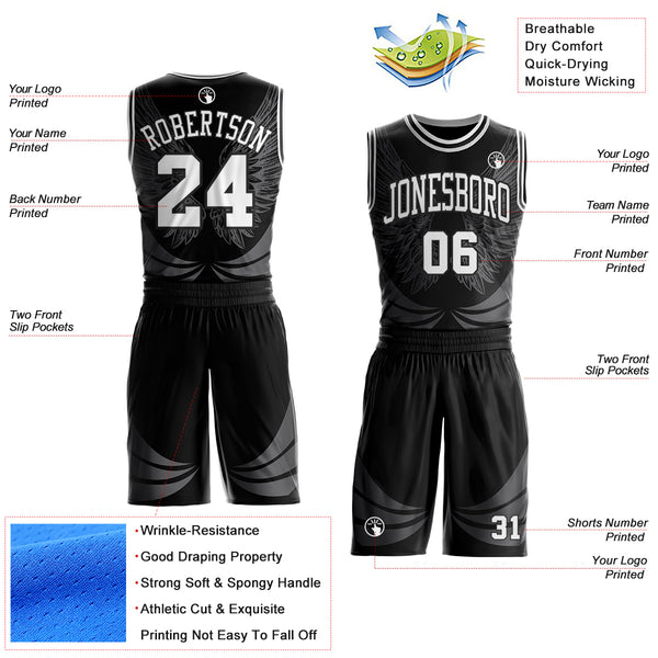 Custom Black-White Feather Wing Boho Style Round Neck Sublimation Basketball Uniform Jersey