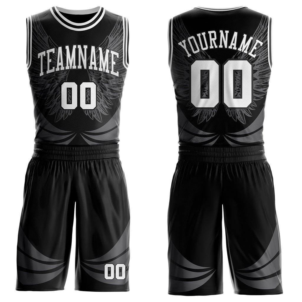 Custom Black-White Feather Wing Boho Style Round Neck Sublimation Basketball Uniform Jersey
