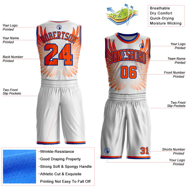 Custom White Orange-Royal Feather Wing Boho Style Round Neck Sublimation Basketball Uniform Jersey