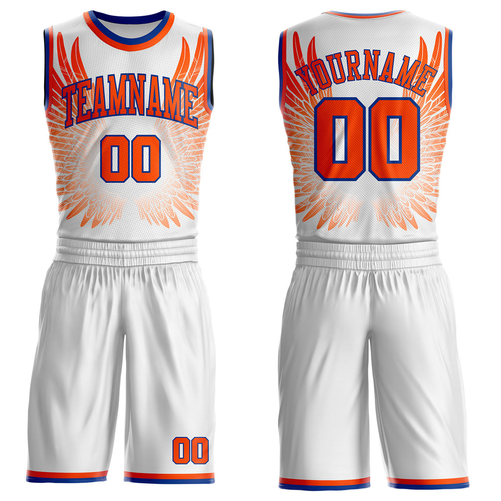 Custom White Orange-Royal Feather Wing Boho Style Round Neck Sublimation Basketball Uniform Jersey