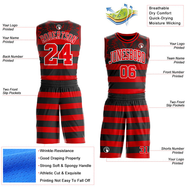Custom Black Fire Red-White Wing Stripe Boho Style Round Neck Sublimation Basketball Uniform Jersey