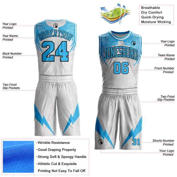 Custom White Sky Blue-Black Wing Lightning Boho Style Round Neck Sublimation Basketball Uniform Jersey