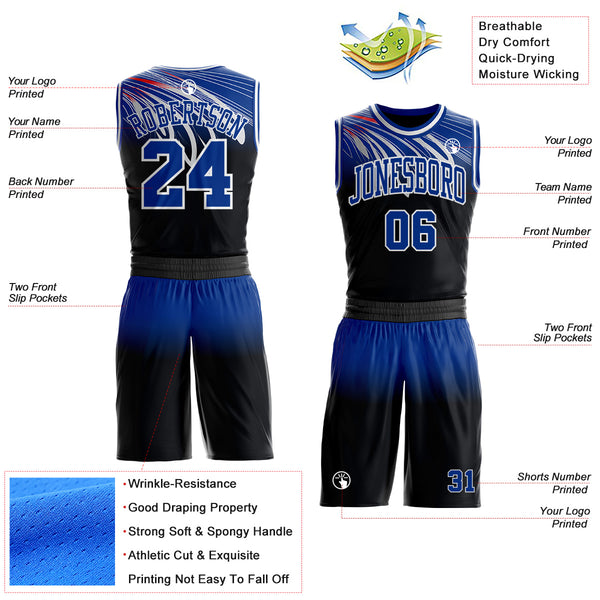 Custom Black Royal-White Wing Gradient Boho Style Round Neck Sublimation Basketball Uniform Jersey