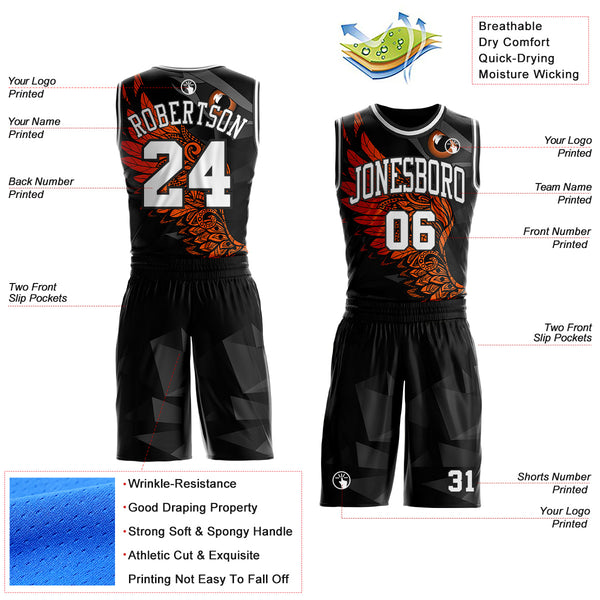Custom Black White-Orange Eagle Wing Boho Style Round Neck Sublimation Basketball Uniform Jersey