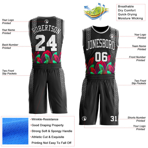 Custom Black White Red-Green Feather Geometric Boho Style Round Neck Sublimation Basketball Uniform Jersey