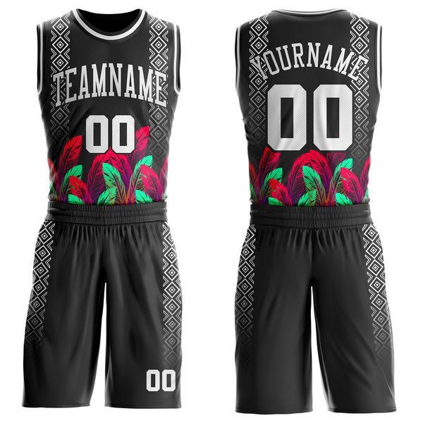 Custom Black White Red-Green Feather Geometric Boho Style Round Neck Sublimation Basketball Uniform Jersey