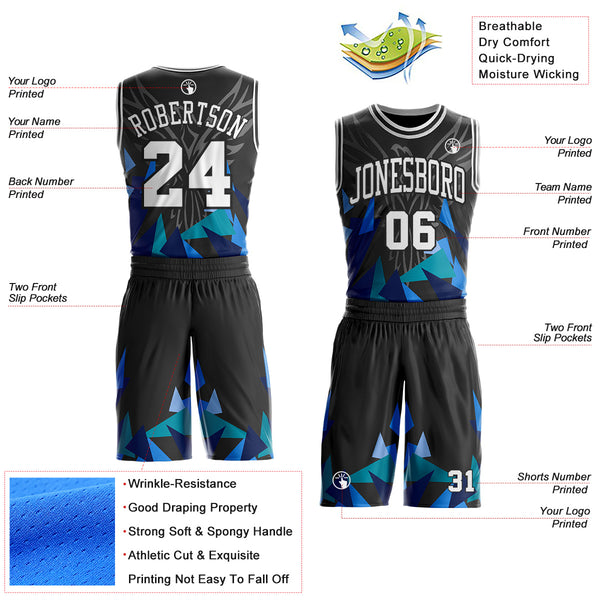 Custom Black-White Geometric Triangle Wing Boho Style Round Neck Sublimation Basketball Uniform Jersey
