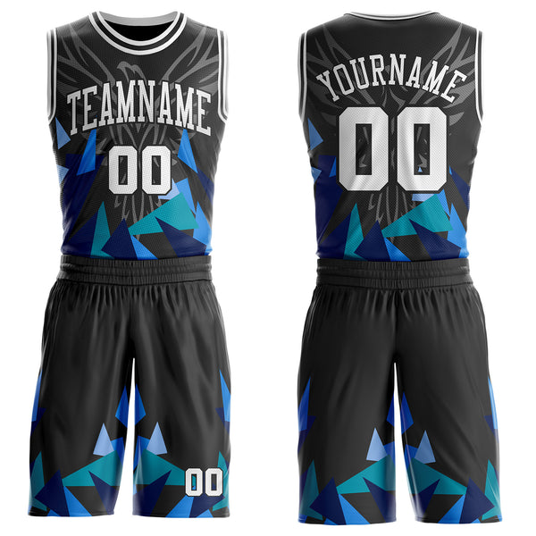 Custom Black-White Geometric Triangle Wing Boho Style Round Neck Sublimation Basketball Uniform Jersey