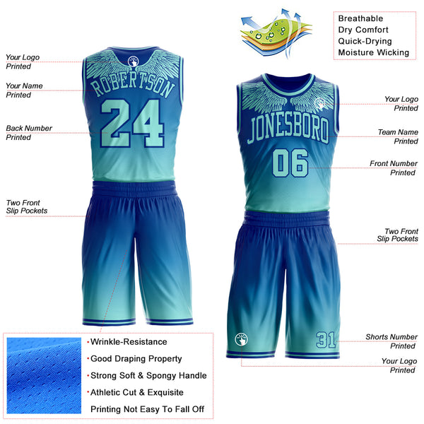 Custom Royal-Ice Blue Gradient Feather Wing Boho Style Round Neck Sublimation Basketball Uniform Jersey