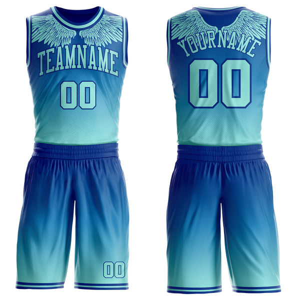 Custom Royal-Ice Blue Gradient Feather Wing Boho Style Round Neck Sublimation Basketball Uniform Jersey