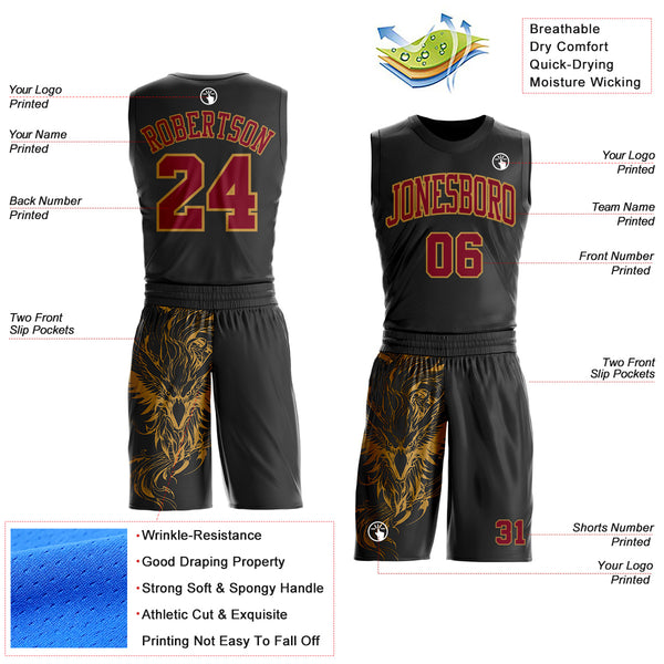 Custom Black Crimson-Old Gold Wing Boho Style Round Neck Sublimation Basketball Uniform Jersey