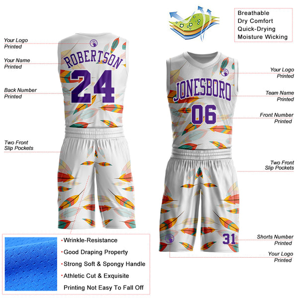 Custom White-Purple Feather Boho Style Round Neck Sublimation Basketball Uniform Jersey