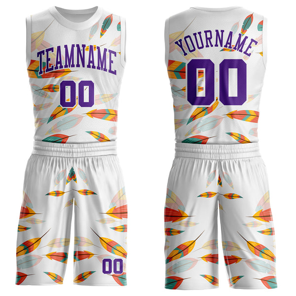 Custom White-Purple Feather Boho Style Round Neck Sublimation Basketball Uniform Jersey
