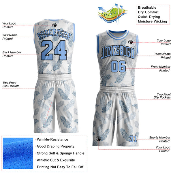 Custom White Light Blue-Black Feather Boho Style Round Neck Sublimation Basketball Uniform Jersey