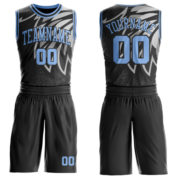Custom Black Light Blue-Gray Wing Boho Style Round Neck Sublimation Basketball Uniform Jersey