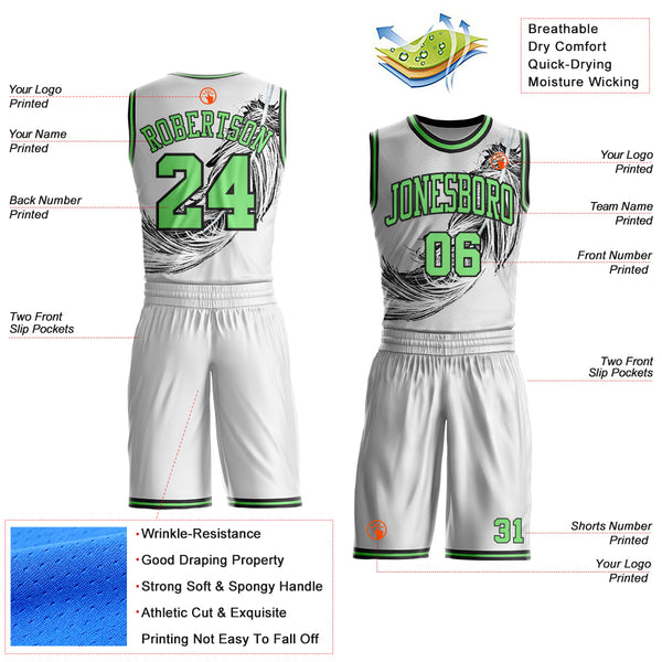Custom White Pea Green-Black Feather Boho Style Round Neck Sublimation Basketball Uniform Jersey