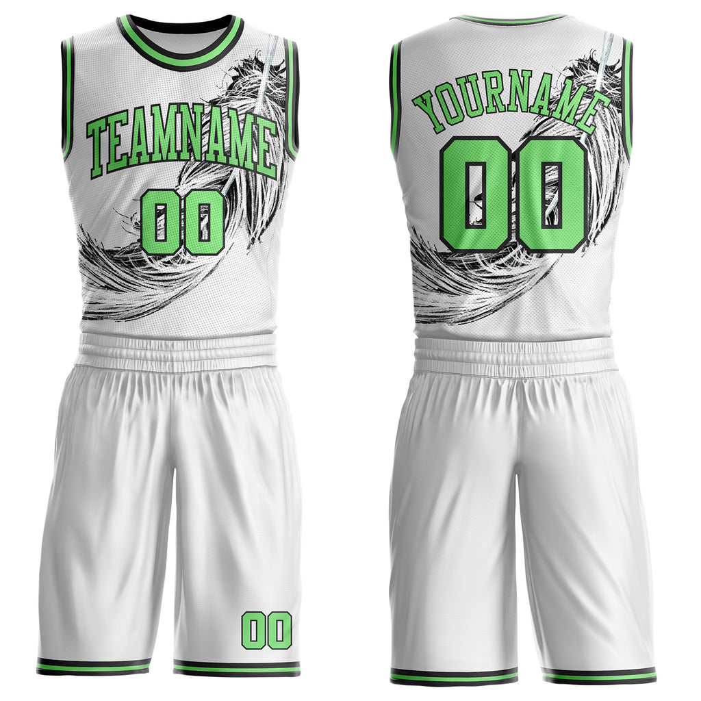 Custom White Pea Green-Black Feather Boho Style Round Neck Sublimation Basketball Uniform Jersey