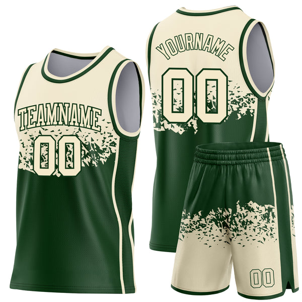 Custom Cream-Green Shattered Geometric Side Panel Stripe Round Neck Sublimation Basketball Set Jersey