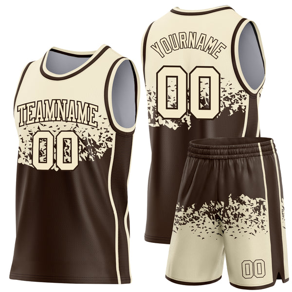 Custom Cream-Brown Shattered Geometric Side Panel Stripe Round Neck Sublimation Basketball Set Jersey