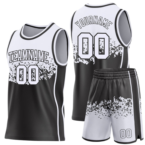 Custom White-Black Shattered Geometric Side Panel Stripe Round Neck Sublimation Basketball Set Jersey