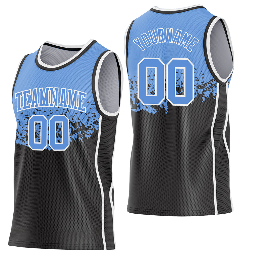 Custom Light Blue Black-White Shattered Geometric Side Panel Stripe Round Neck Sublimation Basketball Set Jersey