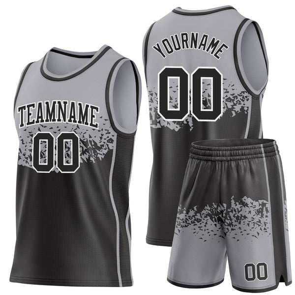 Custom Gray Black-White Shattered Geometric Side Panel Stripe Round Neck Sublimation Basketball Set Jersey