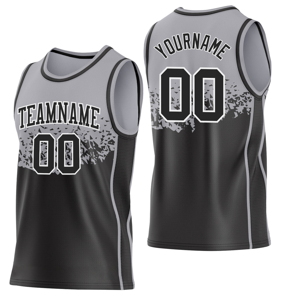 Custom Gray Black-White Shattered Geometric Side Panel Stripe Round Neck Sublimation Basketball Set Jersey