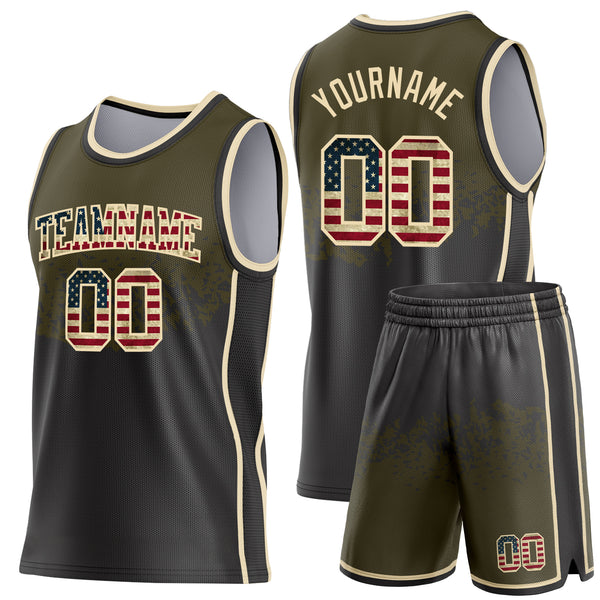 Custom Olive Vintage USA Flag Black-Cream Shattered Geometric Side Panel Stripe Round Neck Sublimation Basketball Set Jersey