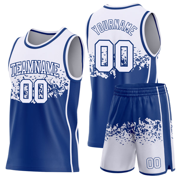 Custom White-Royal Shattered Geometric Side Panel Stripe Round Neck Sublimation Basketball Set Jersey