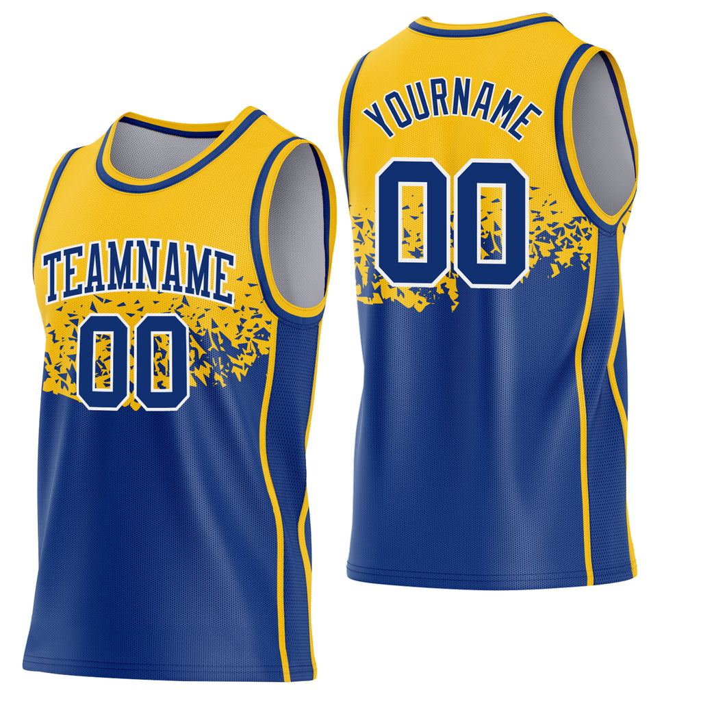 Custom Gold Royal-White Shattered Geometric Side Panel Stripe Round Neck Sublimation Basketball Set Jersey